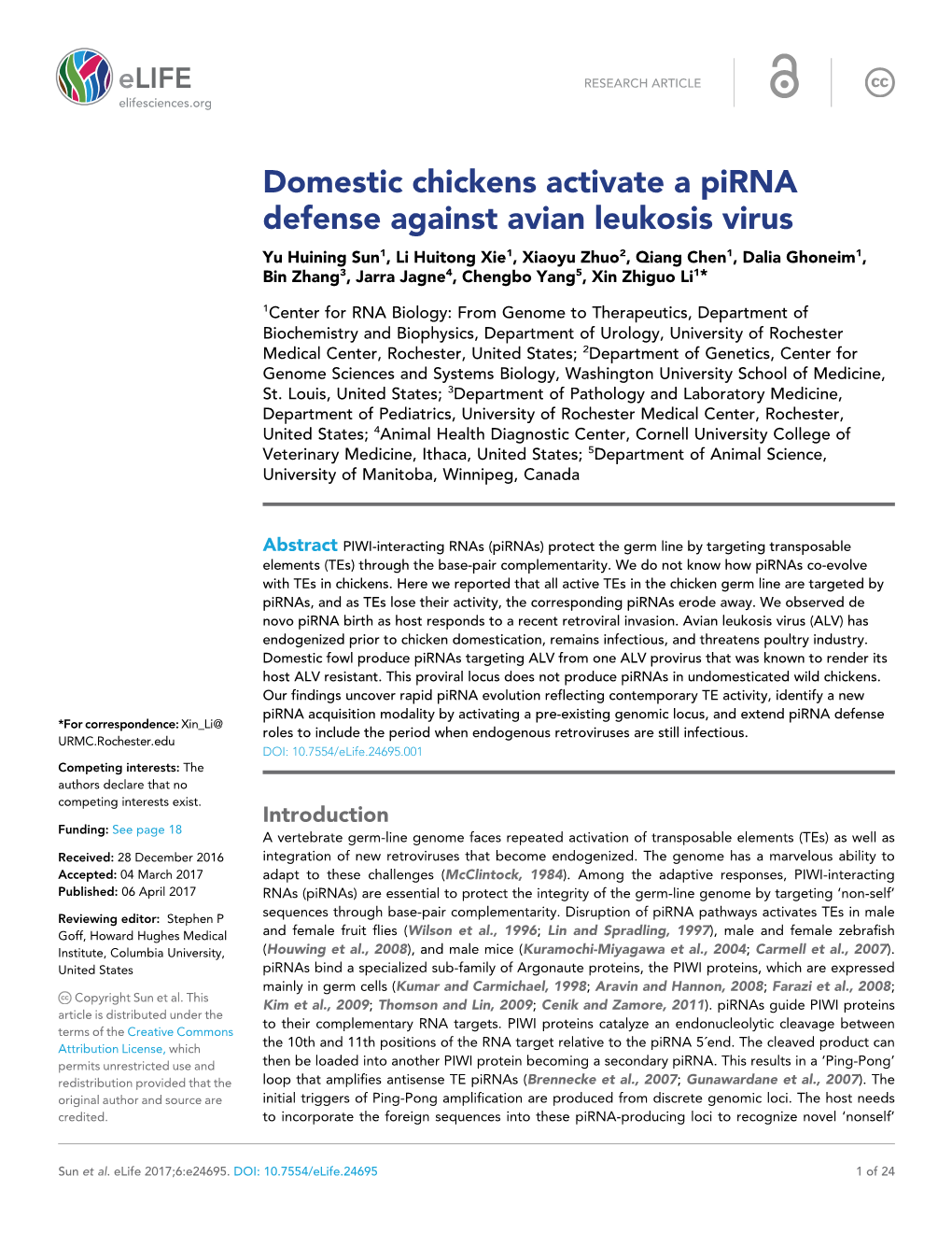 Domestic Chickens Activate a Pirna Defense Against Avian Leukosis Virus