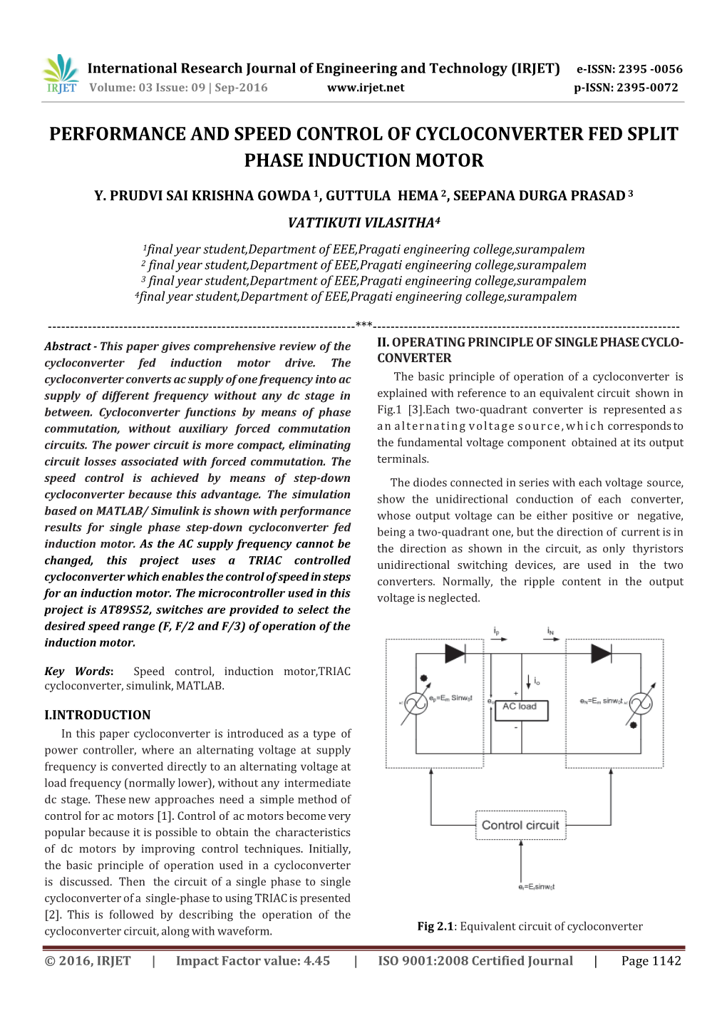 Performance and Speed Control of Cycloconverter Fed Split Phase Induction Motor