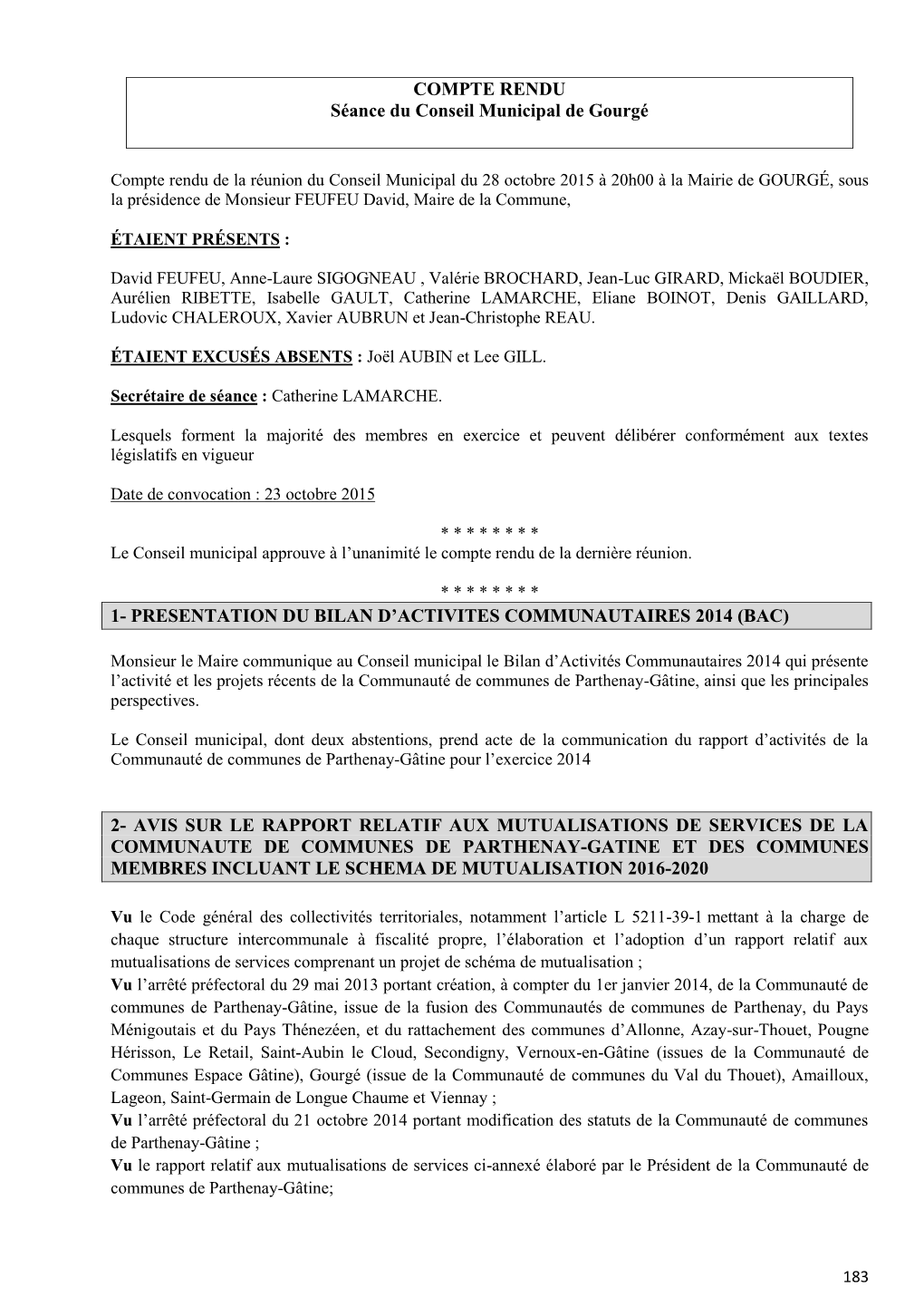 Conseil Municipal Du 28/10/2015