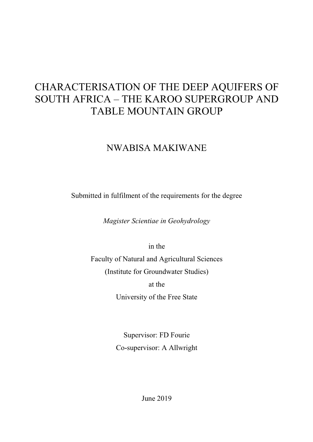 Characterisation of the Deep Aquifers of South Africa – the Karoo Supergroup and Table Mountain Group