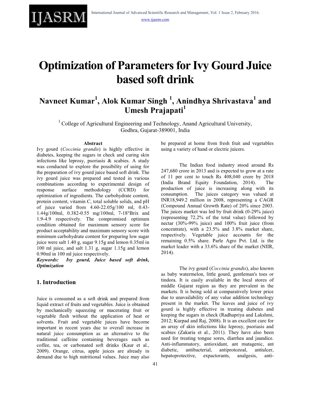 Optimization of Parameters for Ivy Gourd Juice Based Soft Drink
