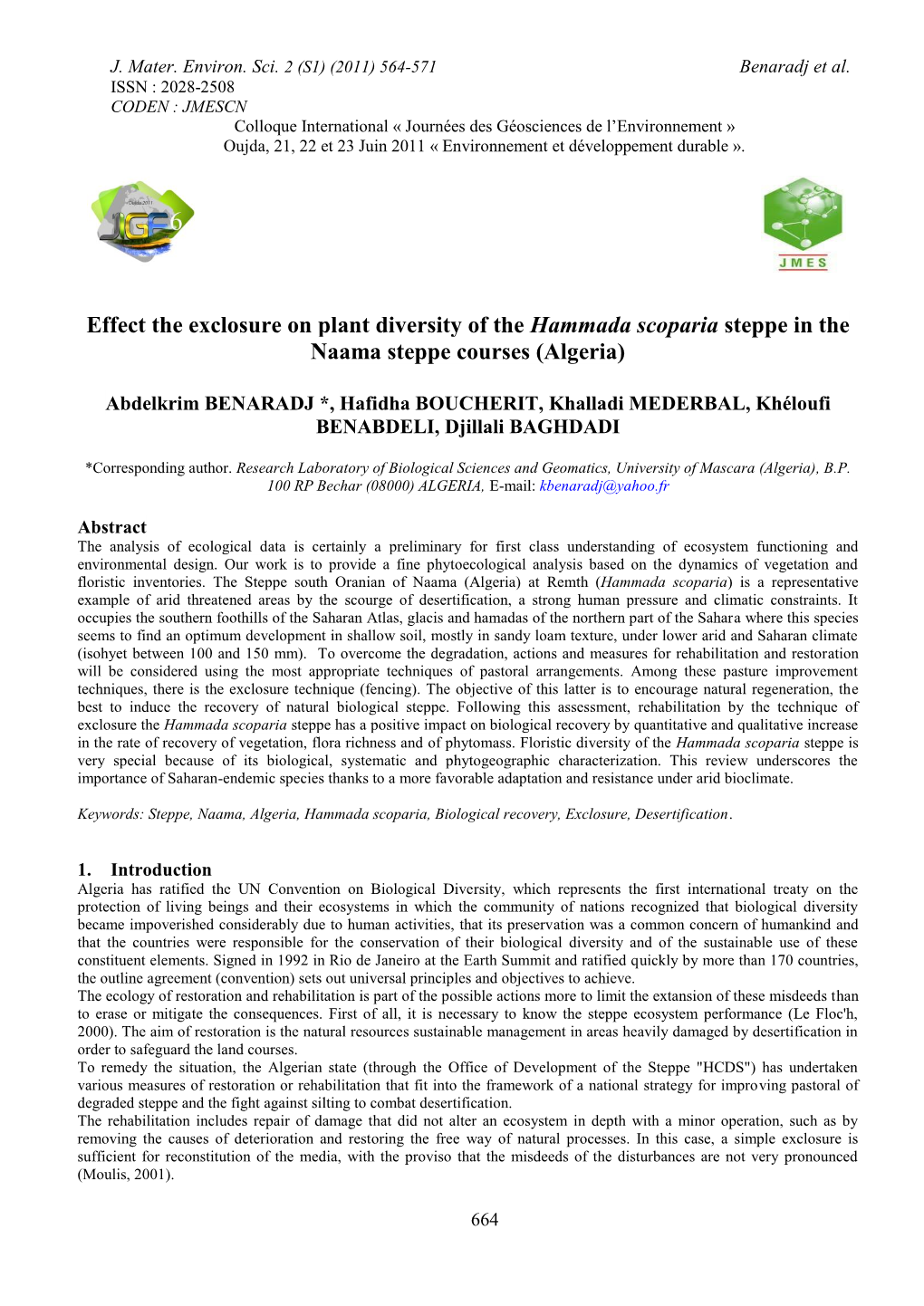 Effect of Exclosure on Plant Diversity of the Hammada Scoparia Steppe In