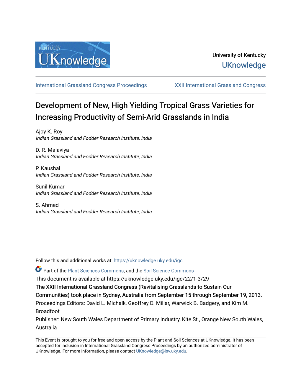 Development of New, High Yielding Tropical Grass Varieties for Increasing Productivity of Semi-Arid Grasslands in India