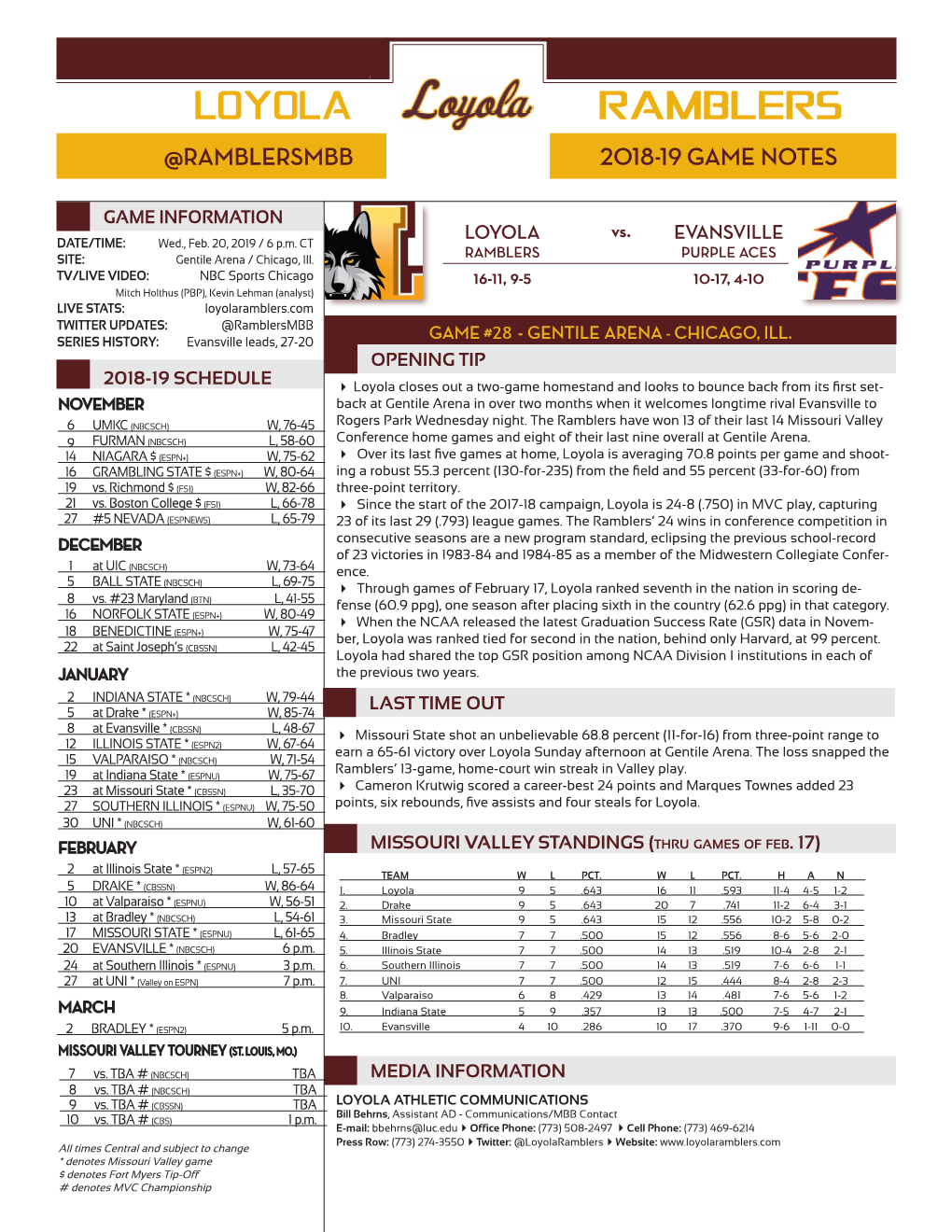 Loyola Ramblers @Ramblersmbb 2018-19 Game Notes