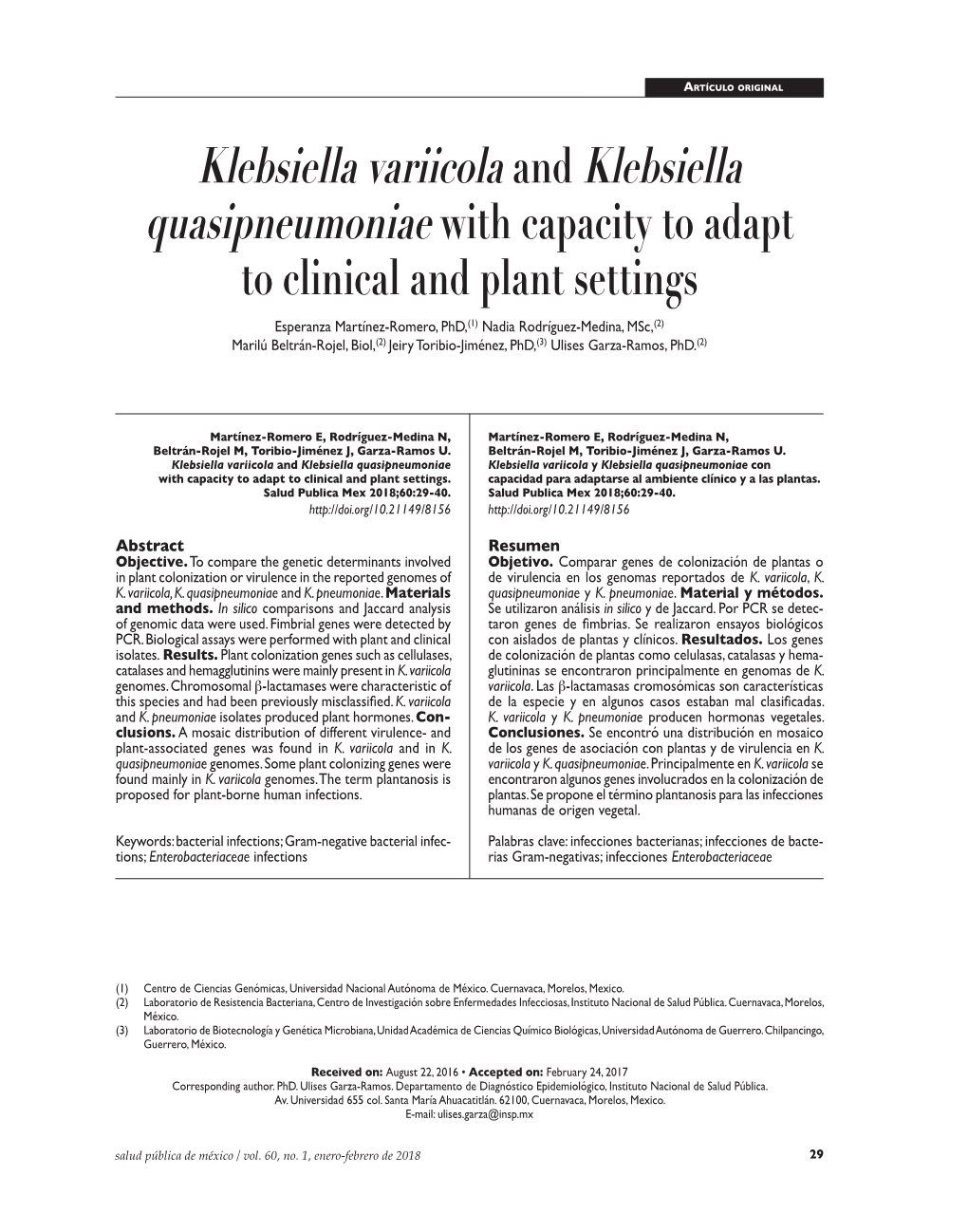 Klebsiella Variicola and Klebsiella Quasipneumoniae Genomes Artículo Original