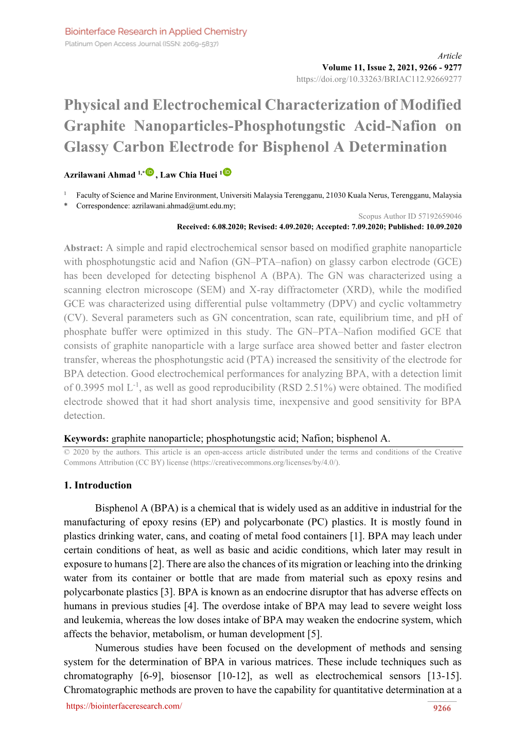 Physical and Electrochemical Characterization of Modified Graphite Nanoparticles-Phosphotungstic Acid-Nafion on Glassy Carbon Electrode for Bisphenol a Determination