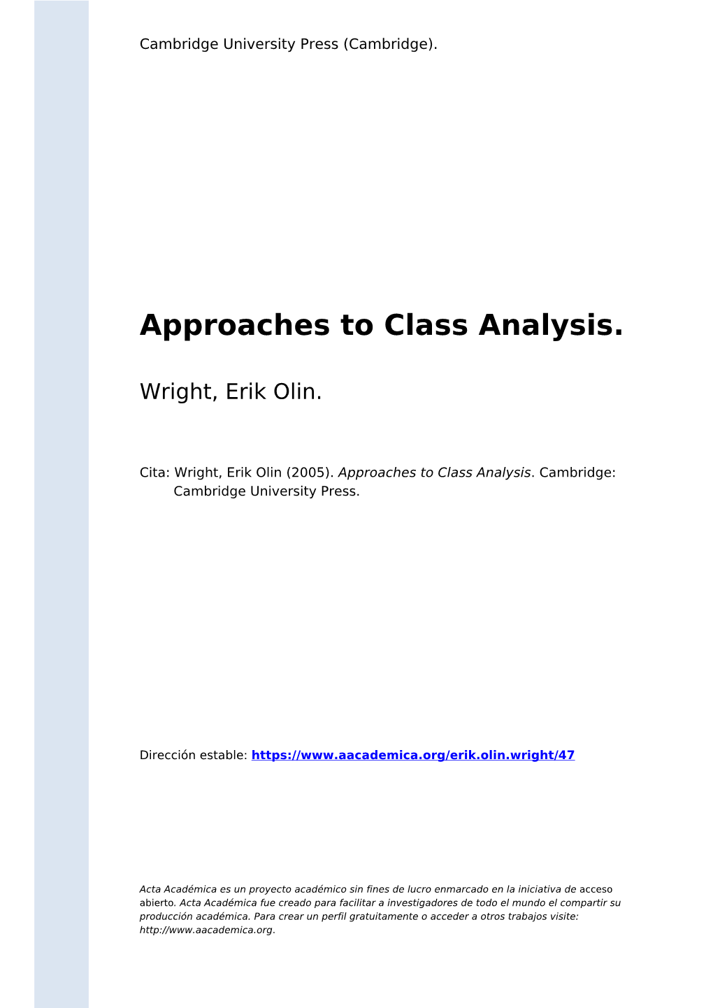 Approaches to Class Analysis