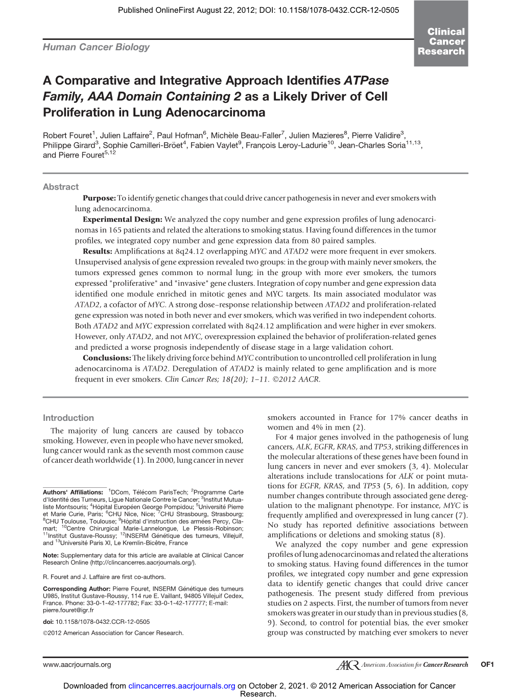 A Comparative and Integrative Approach Identifies Atpase Family, AAA Domain Containing 2 As a Likely Driver of Cell Proliferation in Lung Adenocarcinoma