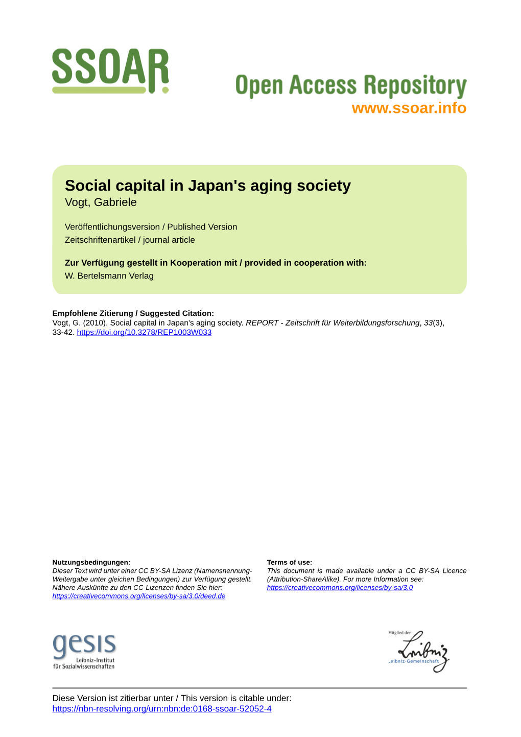 Social Capital in Japan's Aging Society Vogt, Gabriele