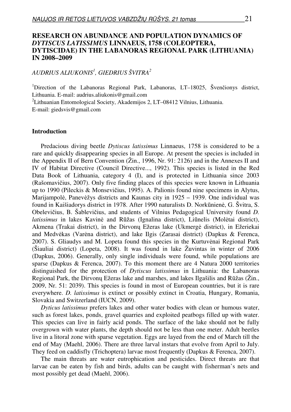 Research on Abundance and Population Dynamics of Dytiscus Latissimus Linnaeus, 1758 (Coleoptera, Dytiscidae) in the Labanoras Regional Park (Lithuania) in 2008–2009