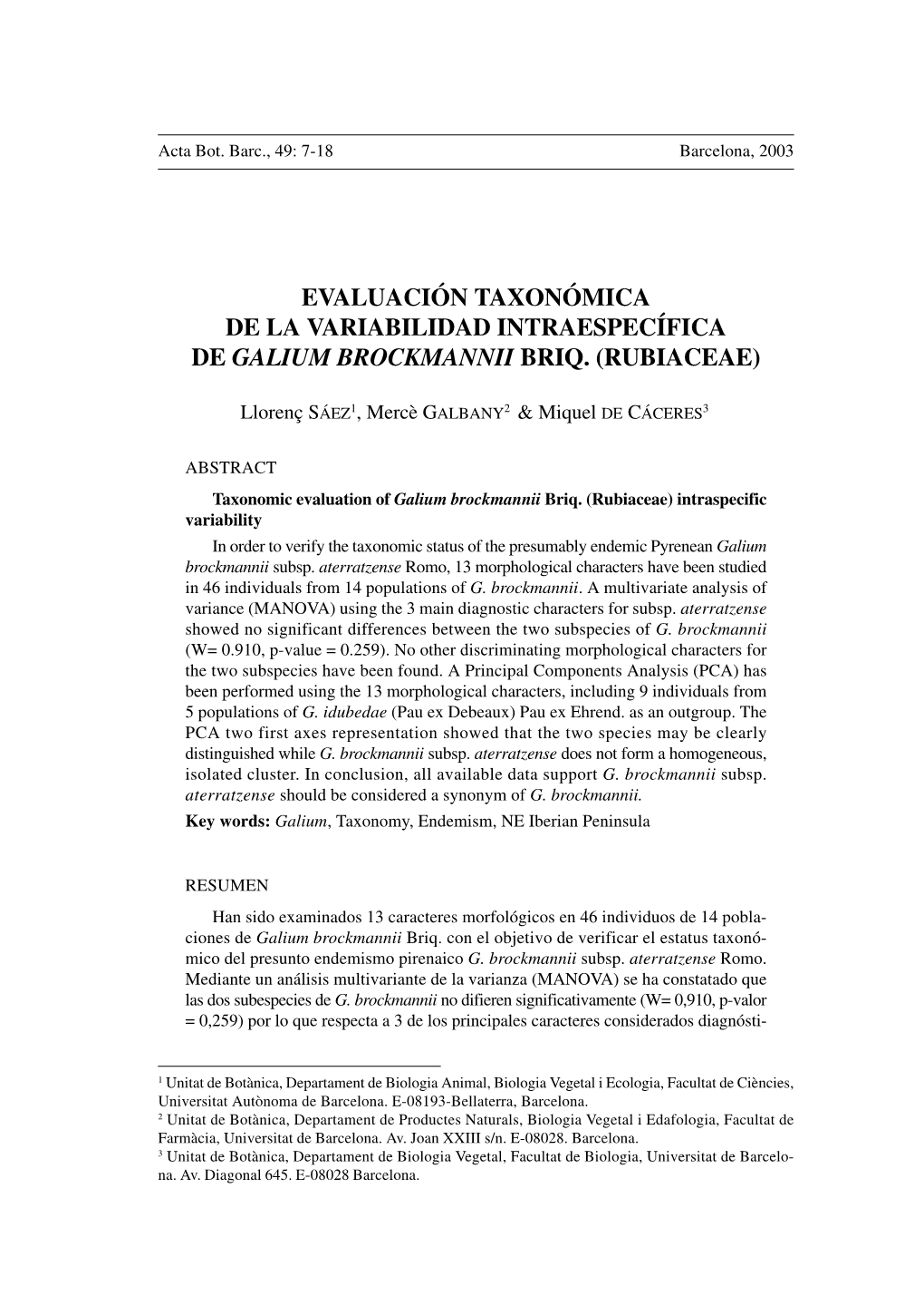 Evaluación Taxonómica De La Variabilidad Intraespecífica De Galium Brockmannii Briq. (Rubiaceae)
