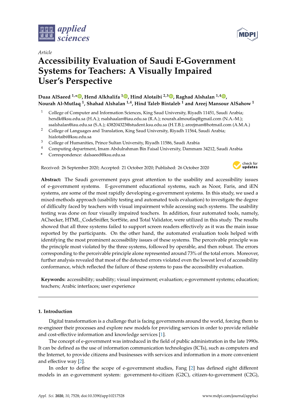 Accessibility Evaluation of Saudi E-Government Systems for Teachers: a Visually Impaired User’S Perspective