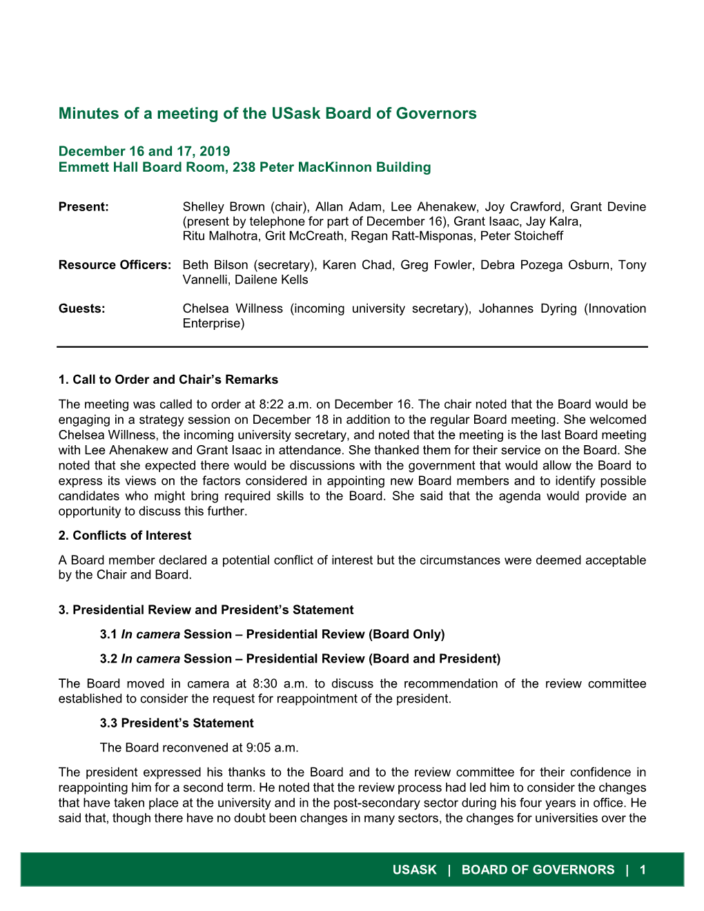 Minutes of a Meeting of the Usask Board of Governors