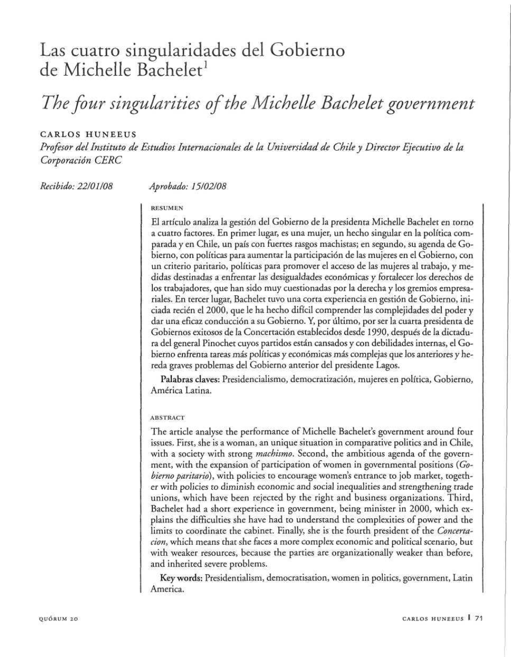 Las Cuatro Singularidades Del Gobierno De Michelle Bachelet1 the Four Singularities Ofthe Michelle Bachelet Government