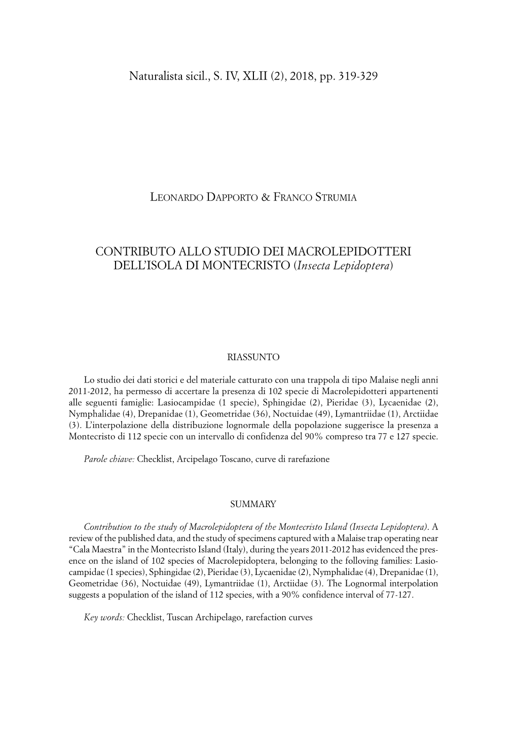 2018, Pp. 319-329 CONTRIBUTO ALLO STUDIO DEI MACROLEPIDOTTERI DELL'isola DI MONTECRISTO