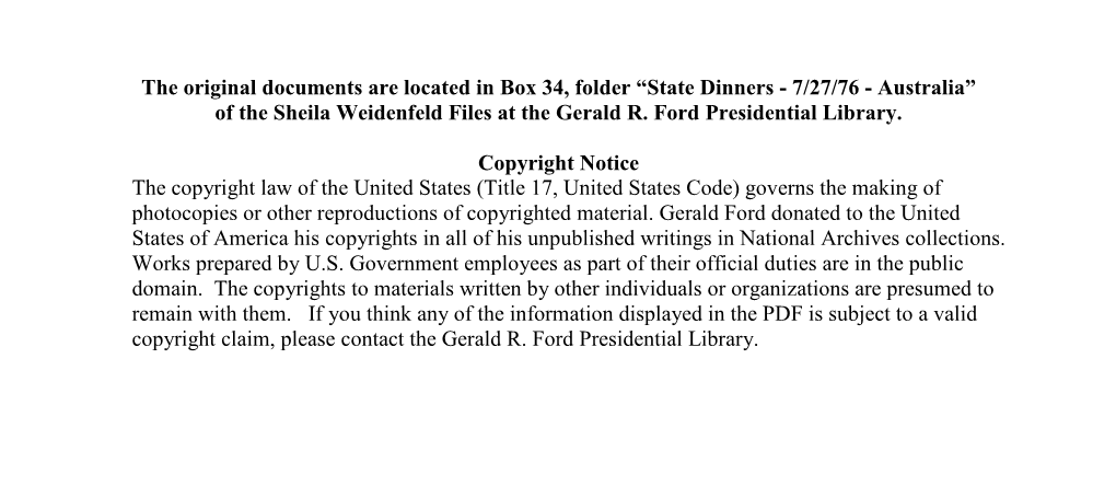 7/27/76 - Australia” of the Sheila Weidenfeld Files at the Gerald R