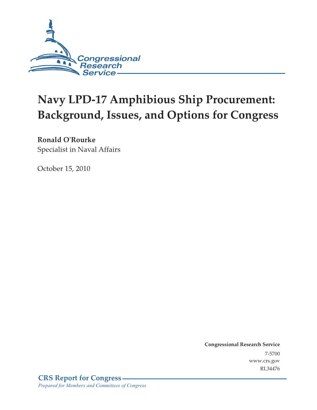 Navy LPD-17 Amphibious Ship Procurement: Background, Issues, and Options for Congress