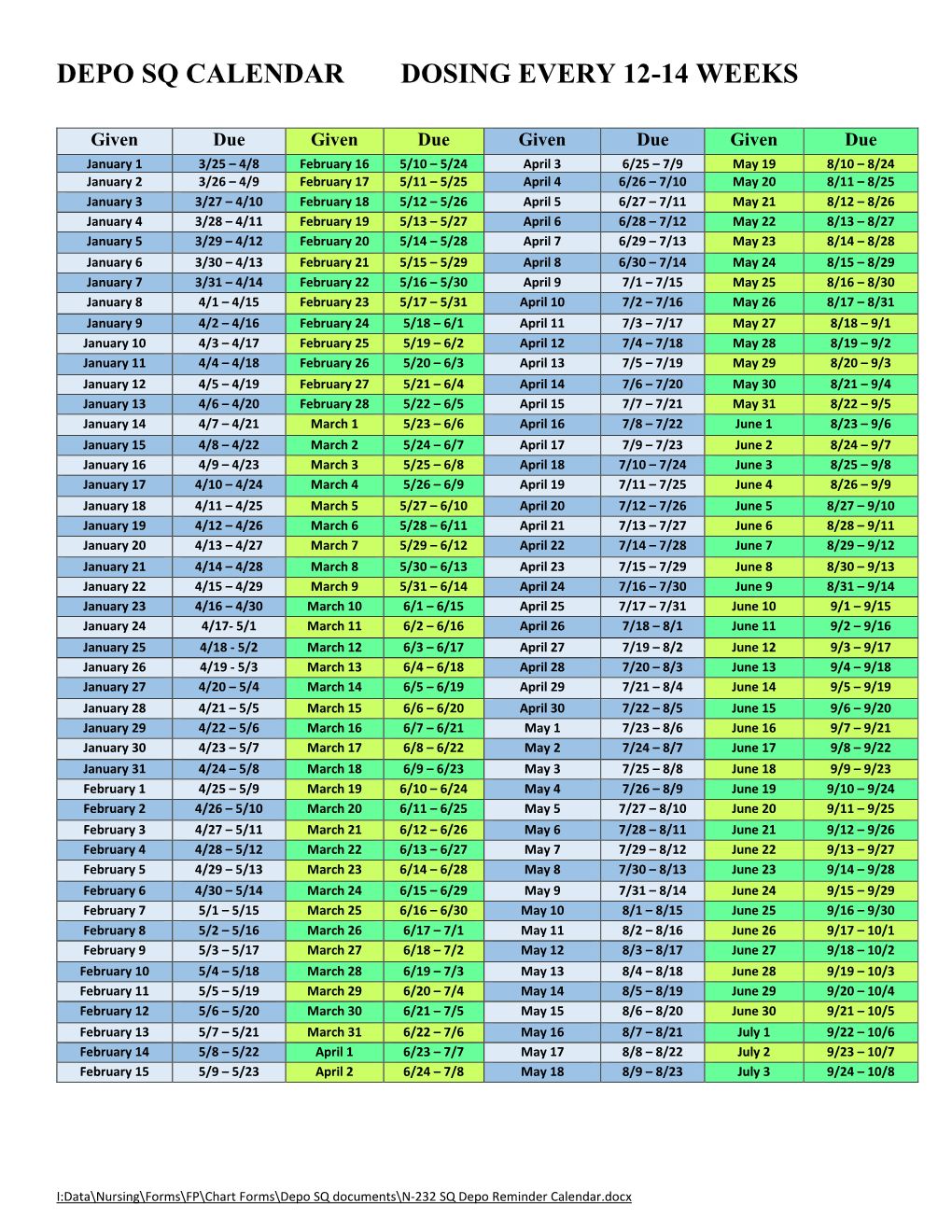 Depo Sq Calendar Dosing Every 12-14 Weeks