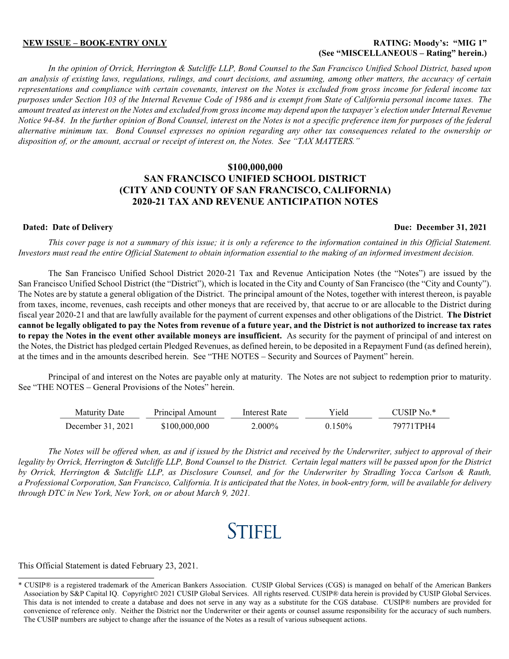 (City and County of San Francisco, California) 2020-21 Tax and Revenue Anticipation Notes