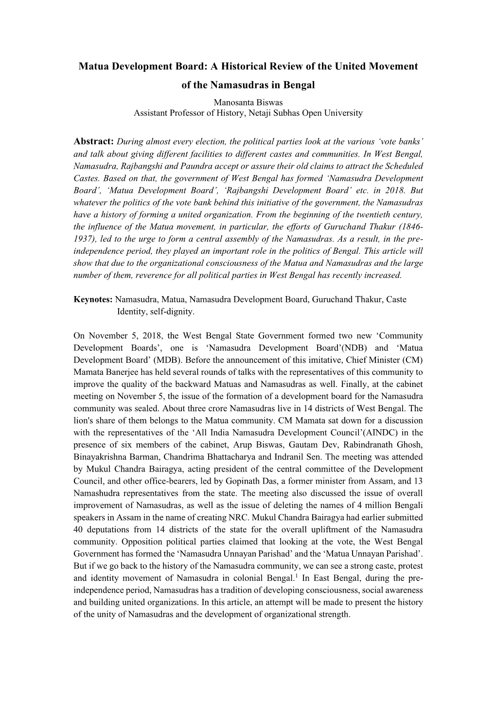Matua Development Board: a Historical Review of the United Movement of the Namasudras in Bengal