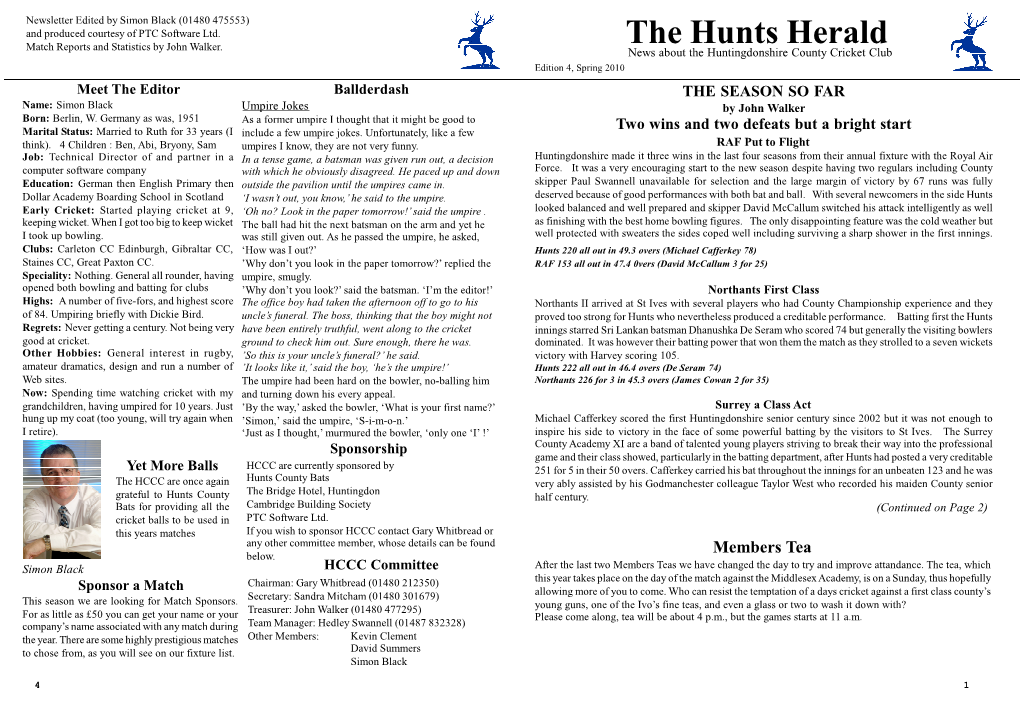 The Hunts Herald Match Reports and Statistics by John Walker