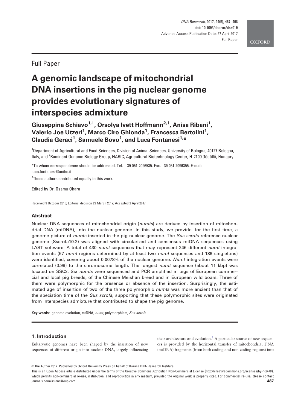 A Genomic Landscape of Mitochondrial DNA Insertions in the Pig Nuclear