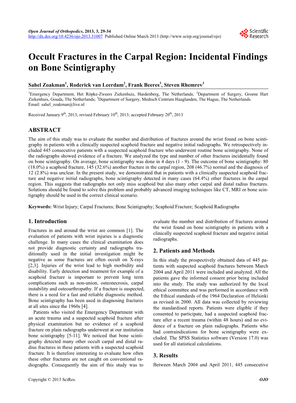 Occult Fractures in the Carpal Region: Incidental Findings on Bone Scintigraphy