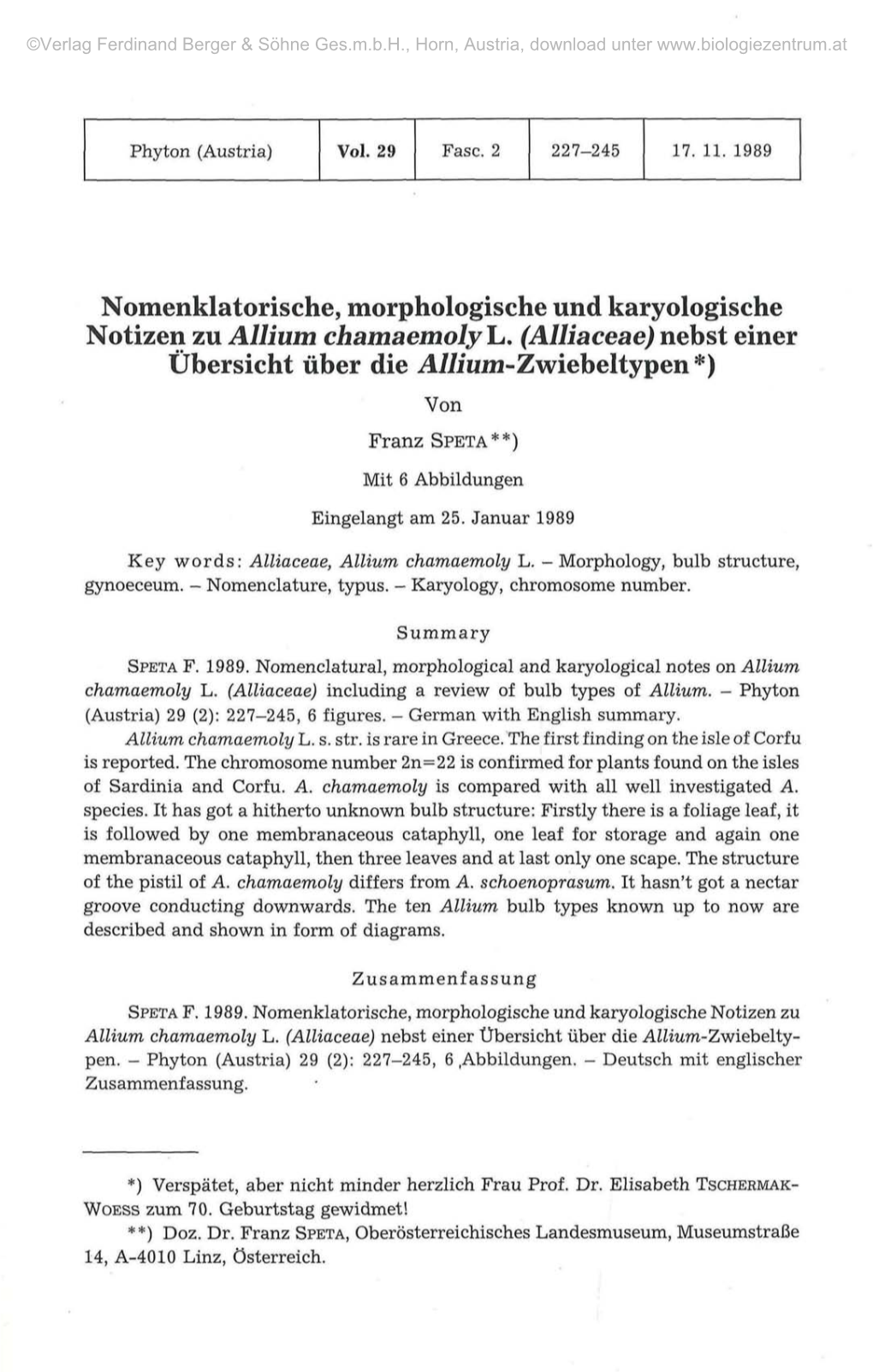 Nomenklatorische, Morphologische Und Karyologische Notizen Zu Allium Chamaemoly L