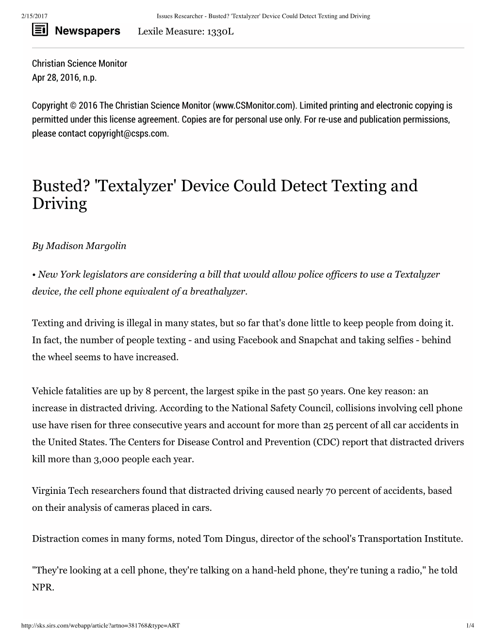 Busted? 'Textalyzer' Device Could Detect Texting and Driving W Newspapers Lexile Measure: 1330L