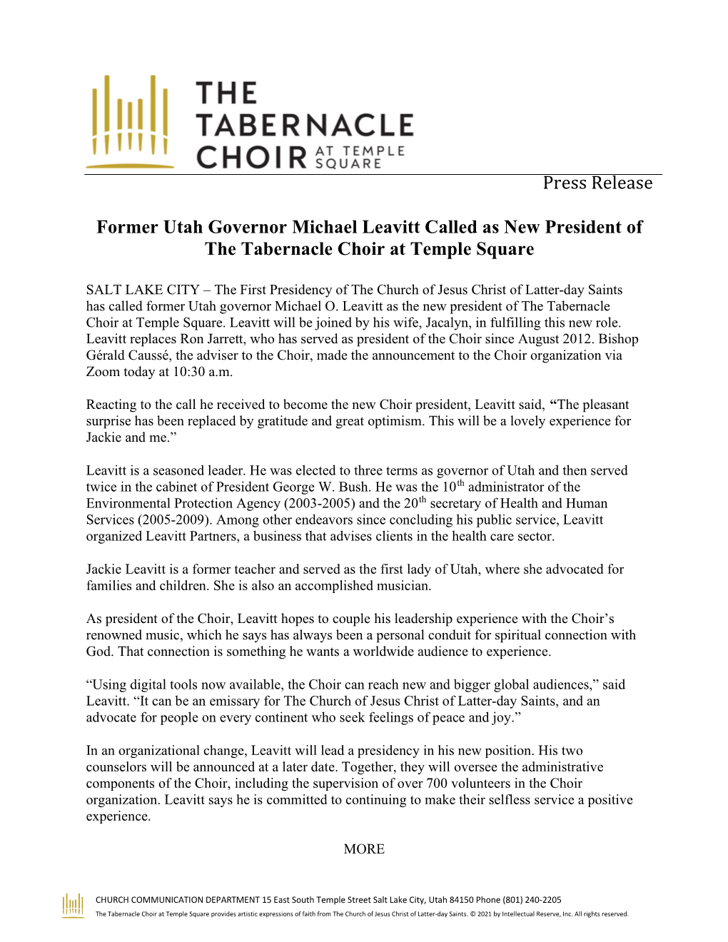 Press Release Former Utah Governor Michael Leavitt Called As New