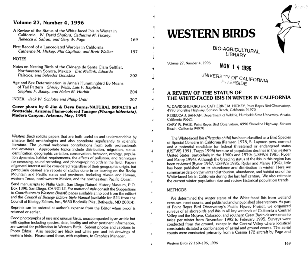 A Review of the Status of the White-Faced Ibis in Winter in California W