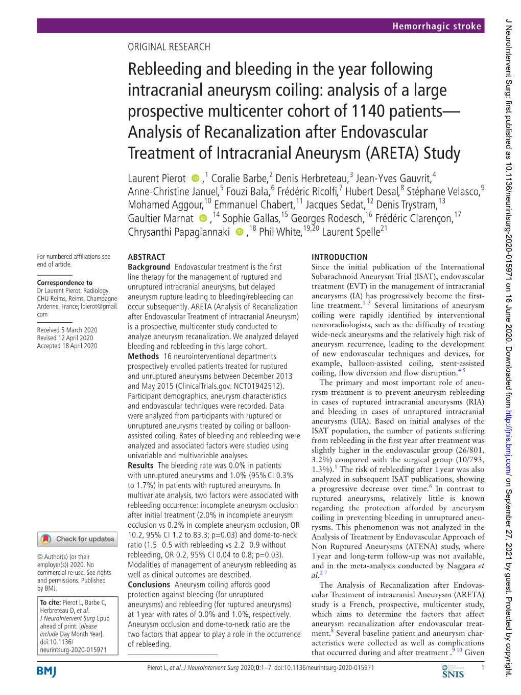 Rebleeding and Bleeding in the Year Following Intracranial Aneurysm