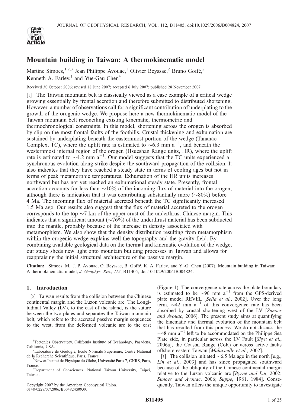 Mountain Building in Taiwan: a Thermokinematic Model Martine Simoes,1,2,3 Jean Philippe Avouac,1 Olivier Beyssac,2 Bruno Goffe´,2 Kenneth A