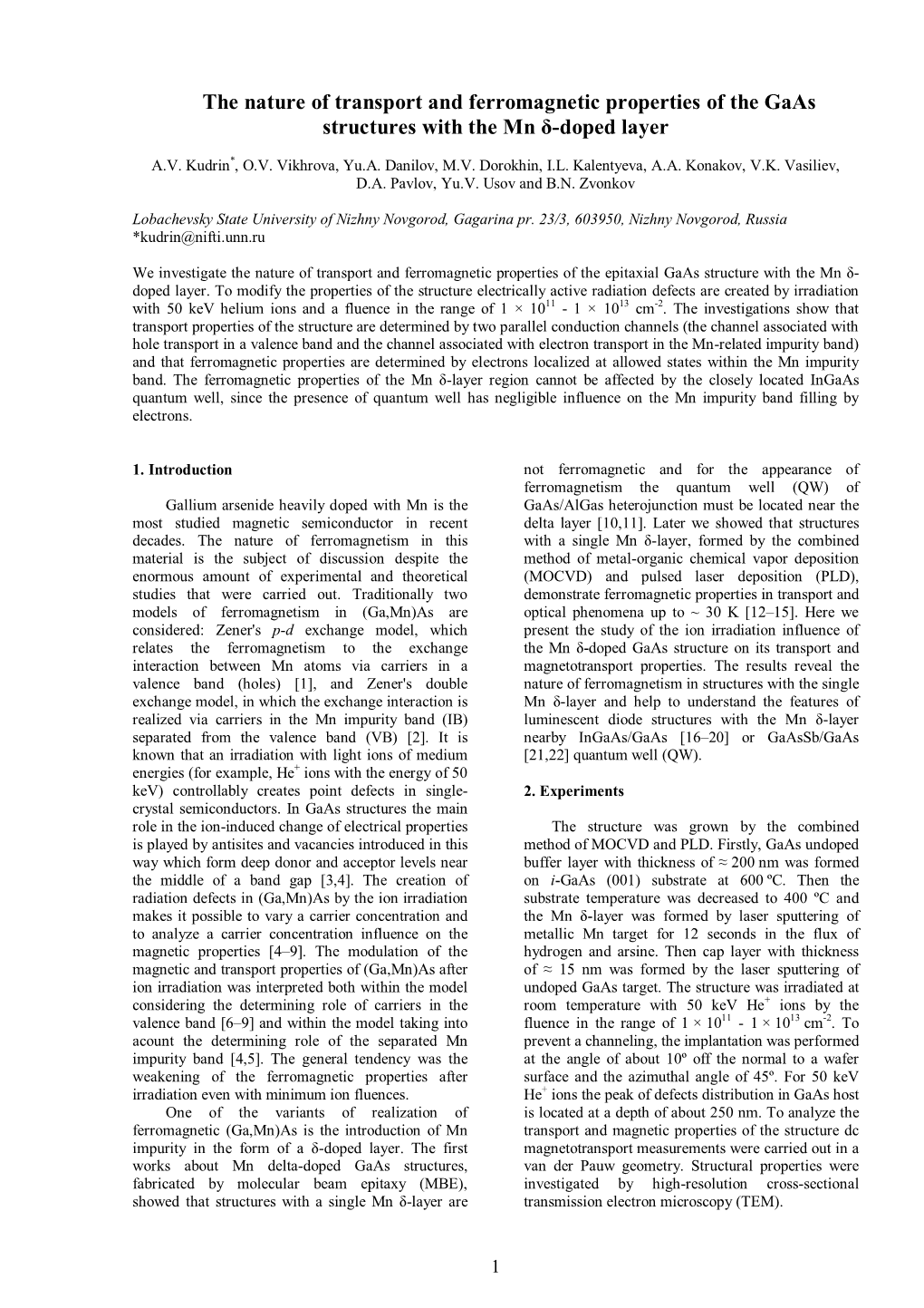 The Nature of Transport and Ferromagnetic Properties of the Gaas Structures with the Mn Δ-Doped Layer