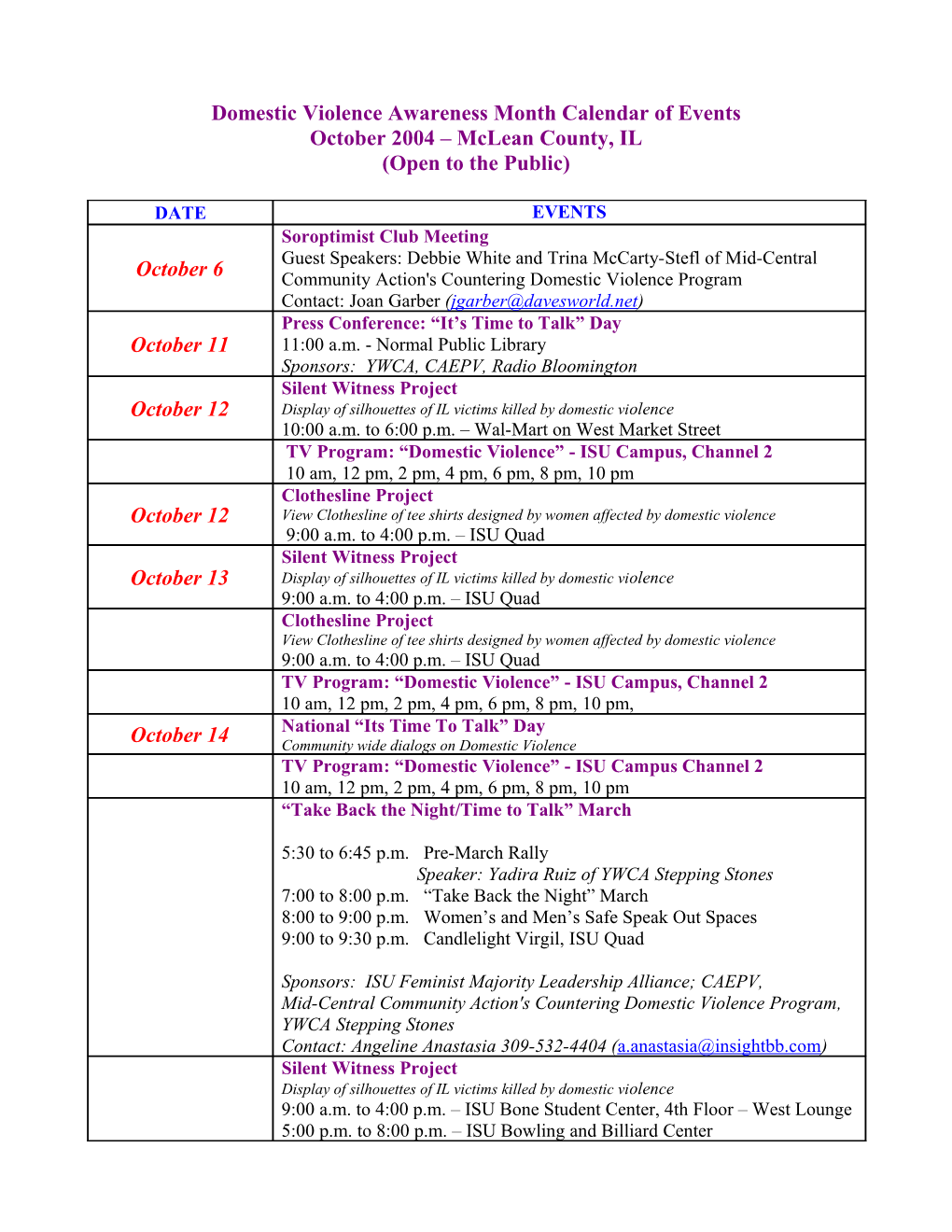 Domestic Violence Awareness Month Calendar of Events