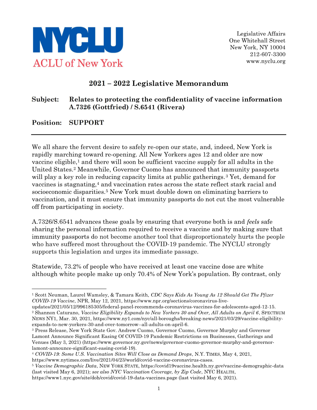 Pdfnyclu Legislative Memo: Confidentiality of Vaccine Information