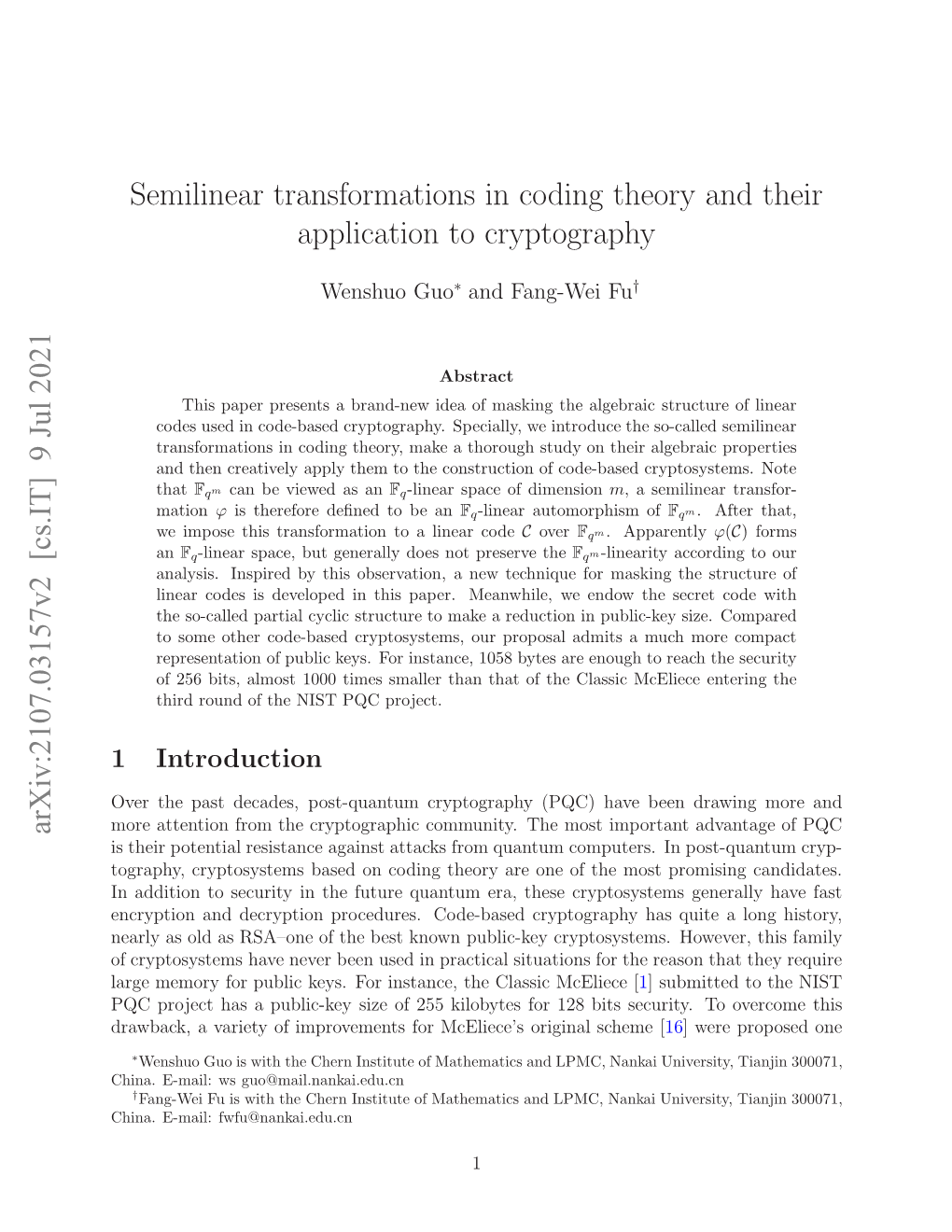 Semilinear Transformations in Coding Theory and Their Application To