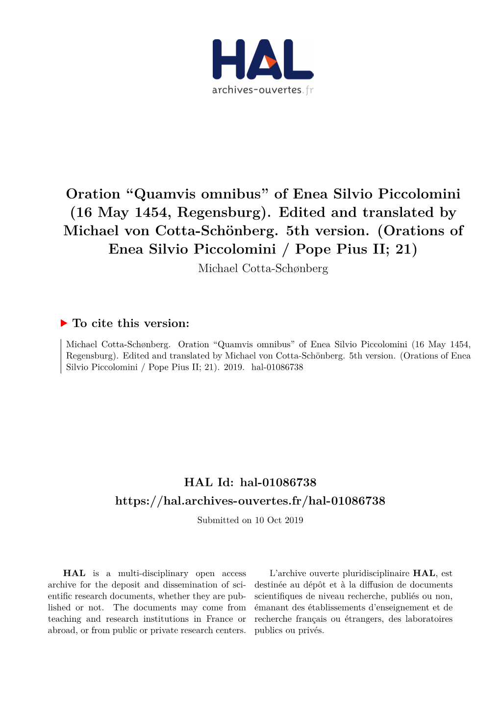 Quamvis Omnibus” of Enea Silvio Piccolomini (16 May 1454, Regensburg)