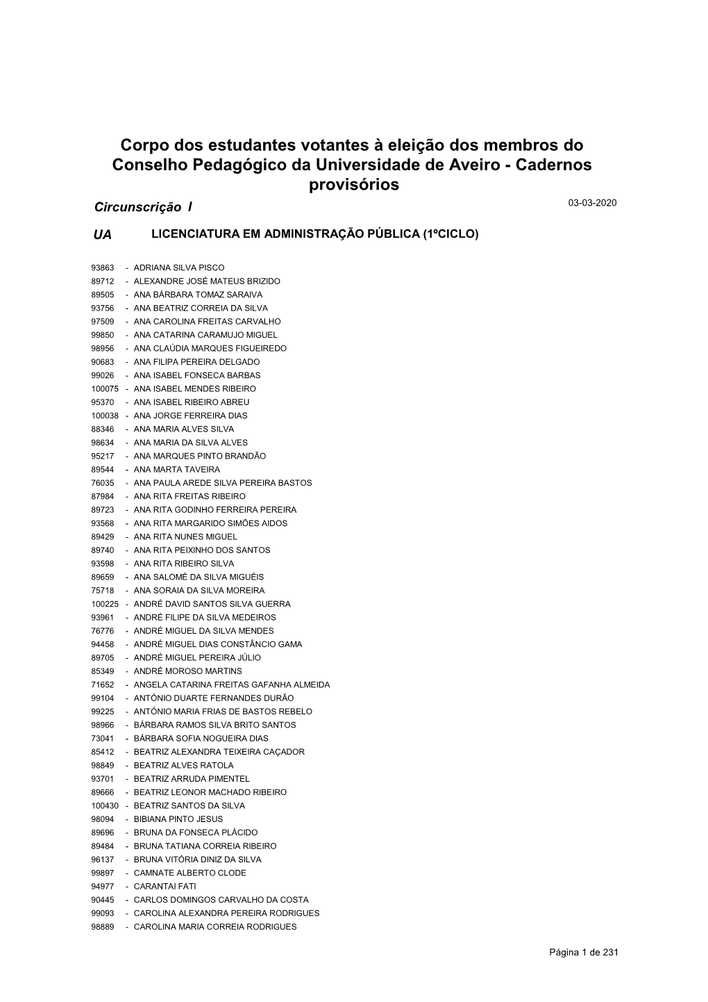 Corpo Dos Estudantes Votantes À Eleição Dos Membros Do Conselho Pedagógico Da Universidade De Aveiro - Cadernos Provisórios Circunscrição I 03-03-2020