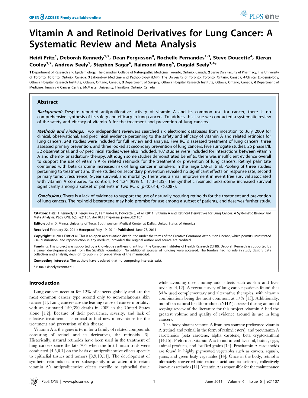 Vitamin a and Retinoid Derivatives for Lung Cancer: a Systematic Review and Meta Analysis