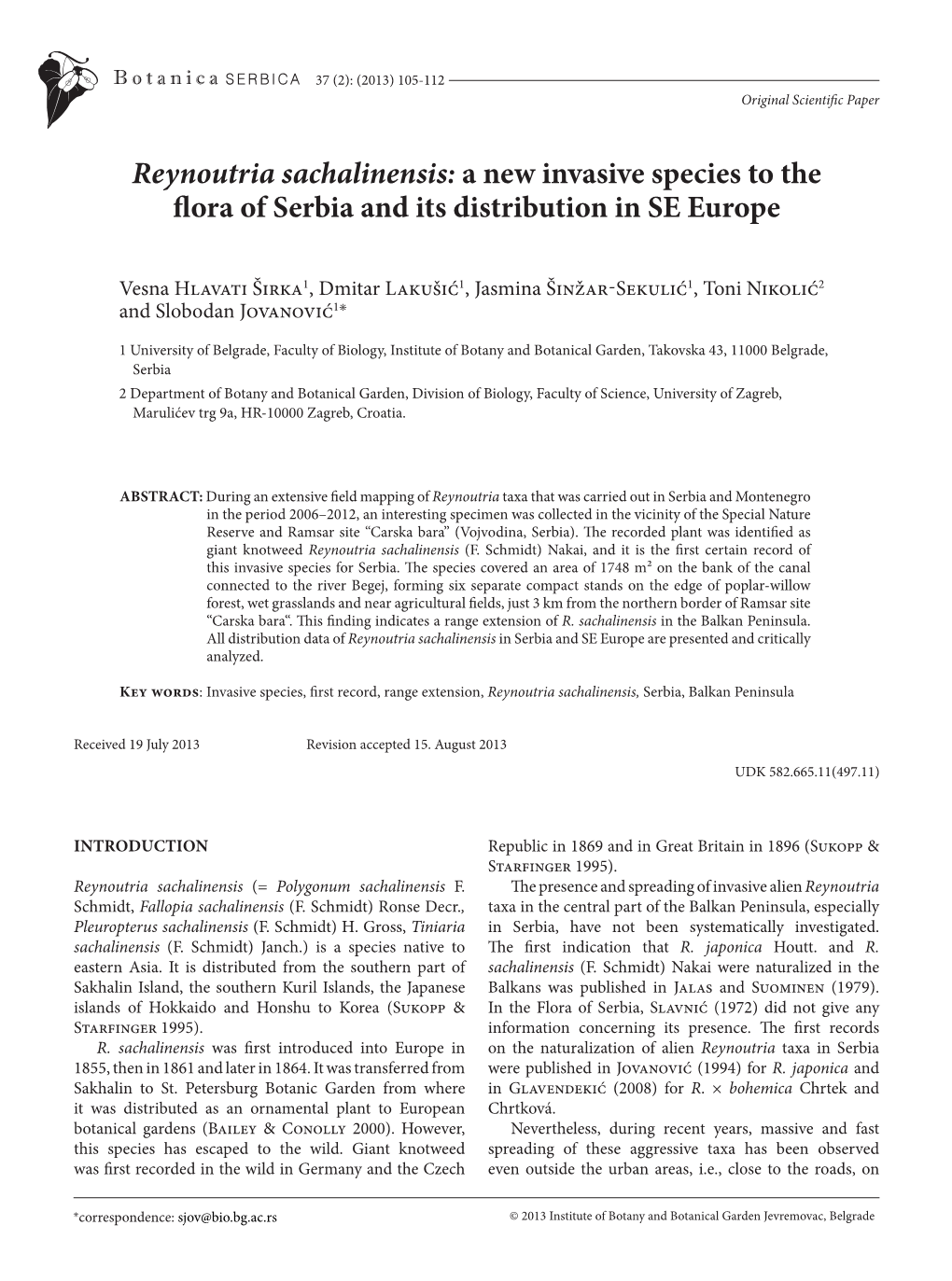 Reynoutria Sachalinensis: a New Invasive Species to the Flora of Serbia and Its Distribution in SE Europe