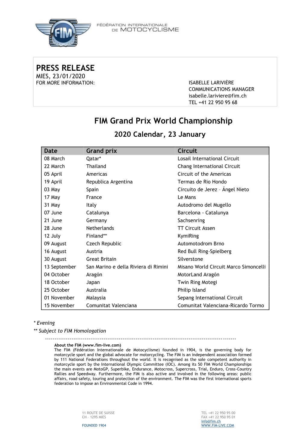 PRESS RELEASE FIM Grand Prix World Championship