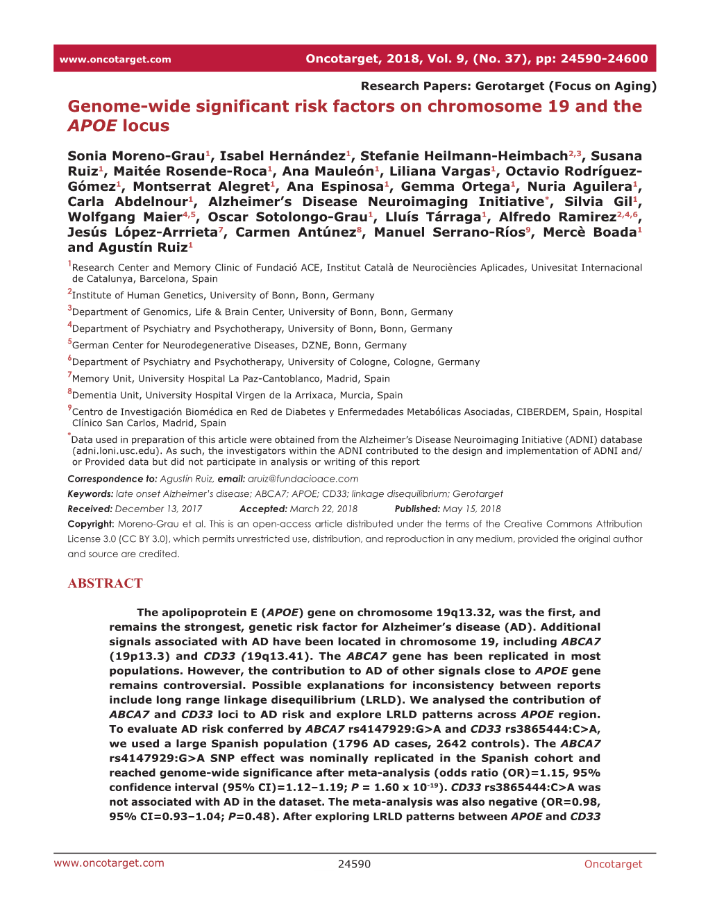 Genome-Wide Significant Risk Factors on Chromosome 19 and the APOE Locus