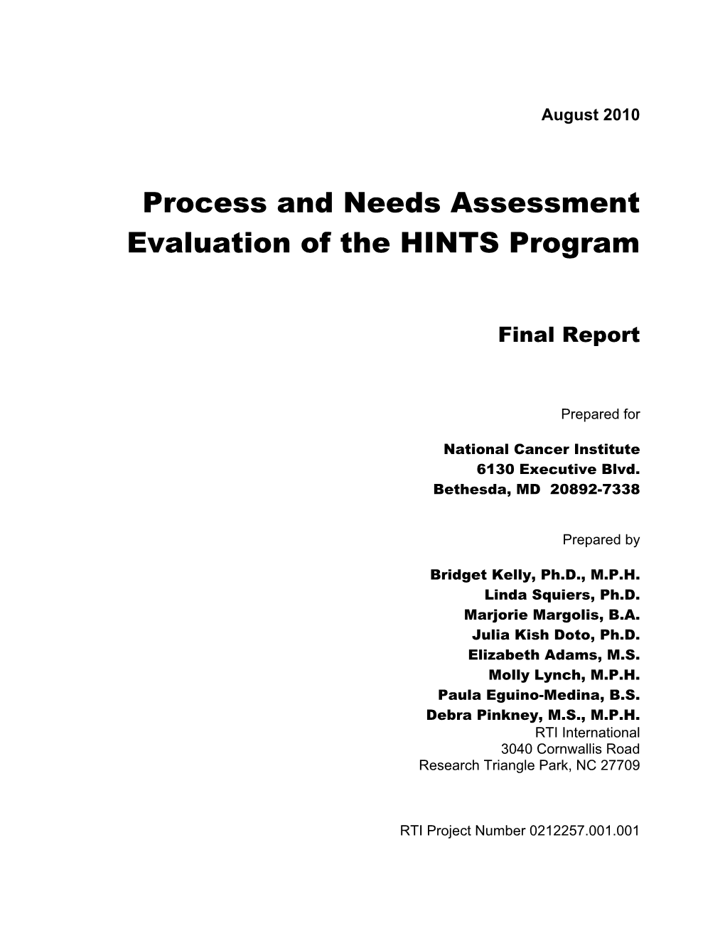 Process and Needs Assessment Evaluation of the HINTS Program