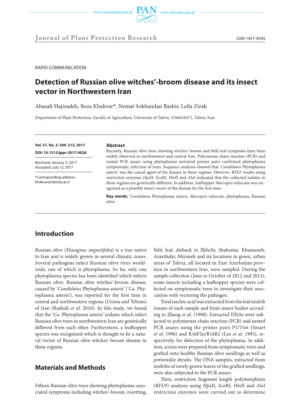 Broom Disease and Its Insect Vector in Northwestern Iran