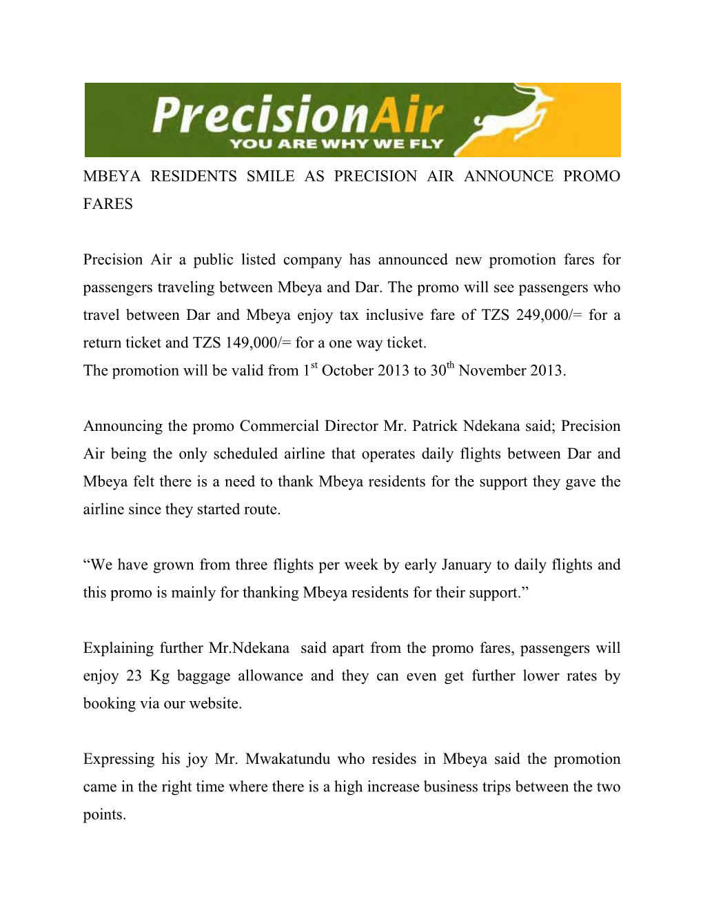 Mbeya Residents Smile As Precision Air Announce Promo Fares