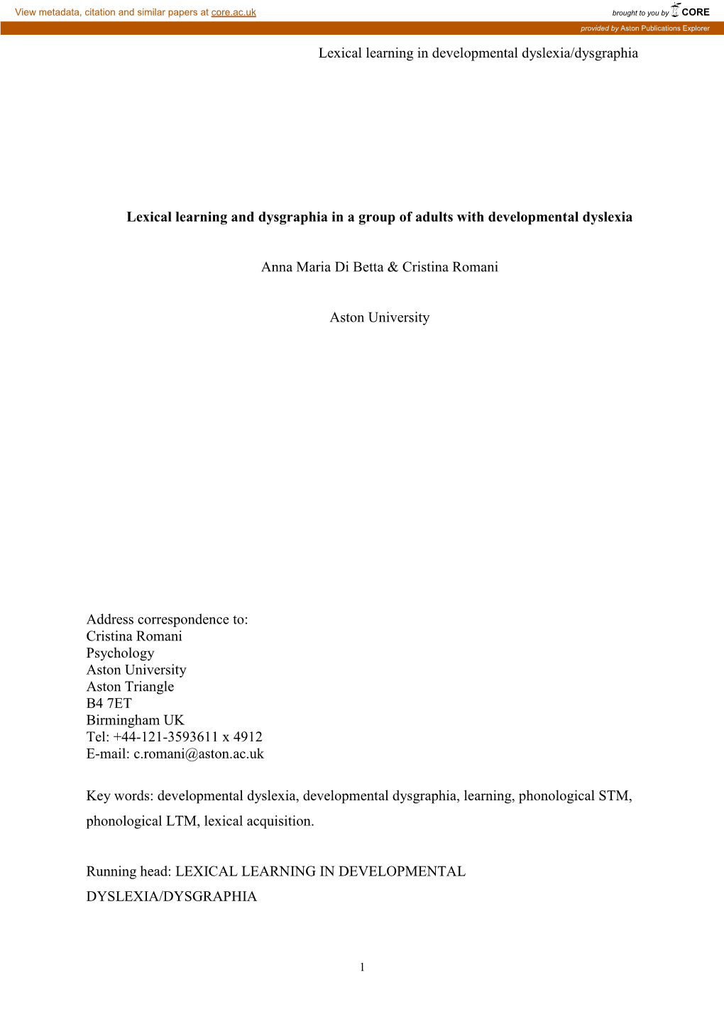 Lexical Learning and Dysgraphia in a Group of Adults with Developmental Dyslexia