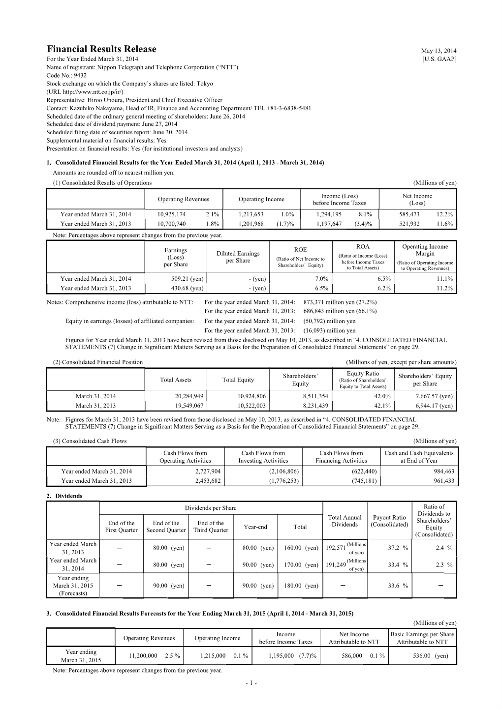 Financial Results Release May 13, 2014 for the Year Ended March 31, 2014 [U.S