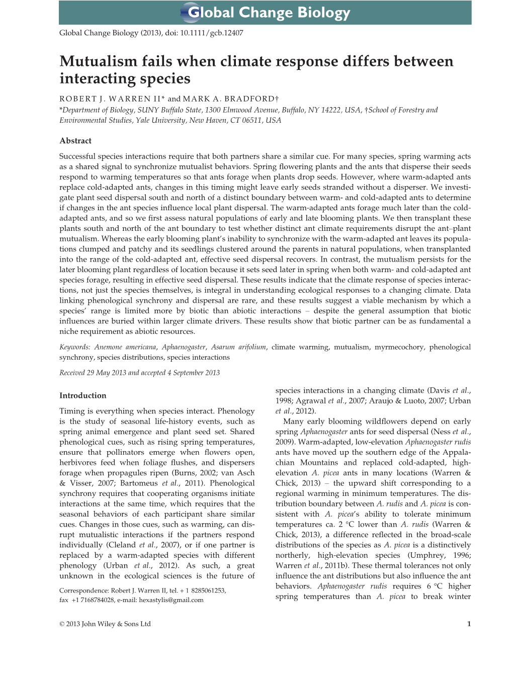 Mutualism Fails When Climate Response Differs Between Interacting Species