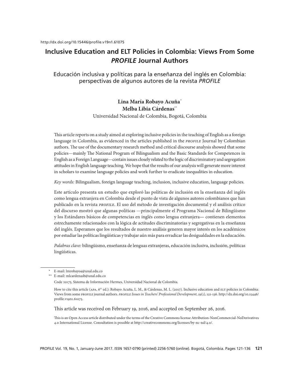 Inclusive Education and ELT Policies in Colombia: Views from Some PROFILE Journal Authors